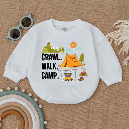 Crawl Walk Camp Baby Romper Cute Camping Infant Bodysuit with Mountain Tent Design Smiling Flower Cheerful Newborn Adventurer Outfit