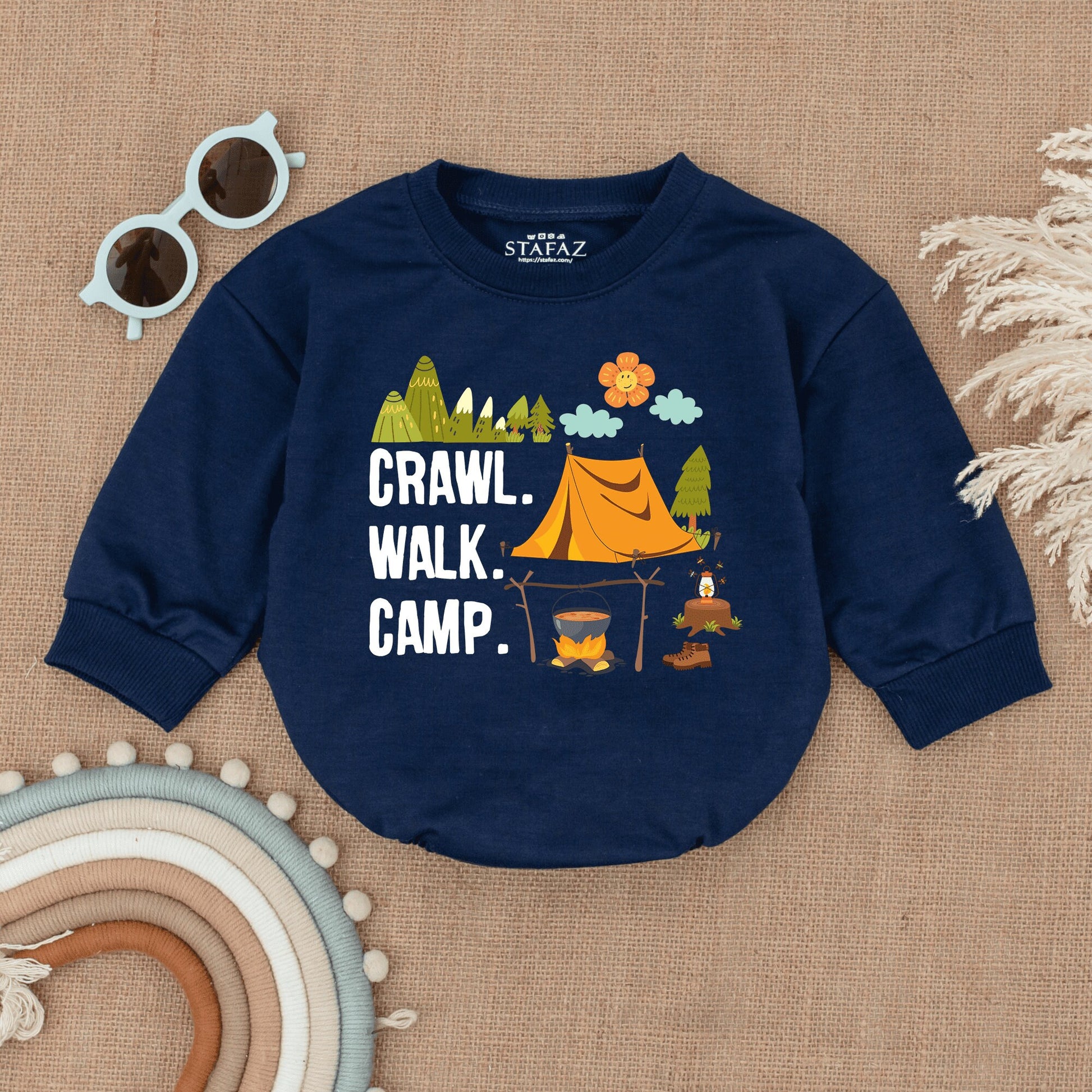 Crawl Walk Camp Baby Romper Cute Camping Infant Bodysuit with Mountain Tent Design Smiling Flower Cheerful Newborn Adventurer Outfit