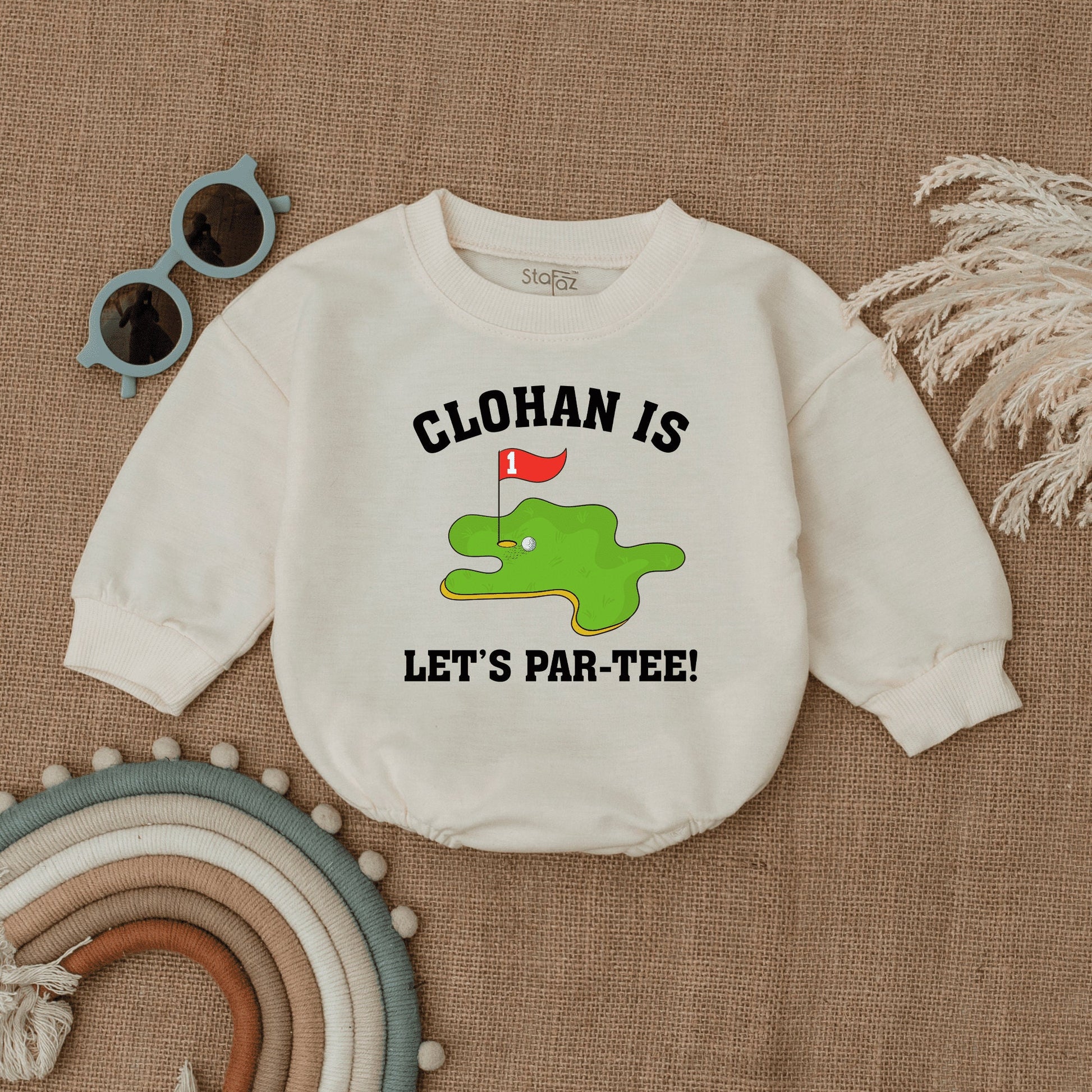Custom Baby Golf "Let's Par-Tee!" First Birthday Romper Outfit, Playful Infant Bodysuit with Green Golf Course Flag Design
