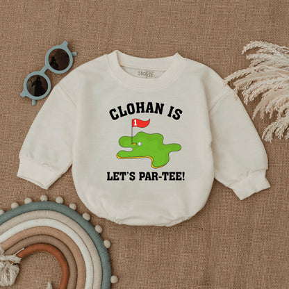 Custom Baby Golf "Let's Par-Tee!" First Birthday Romper Outfit, Playful Infant Bodysuit with Green Golf Course Flag Design
