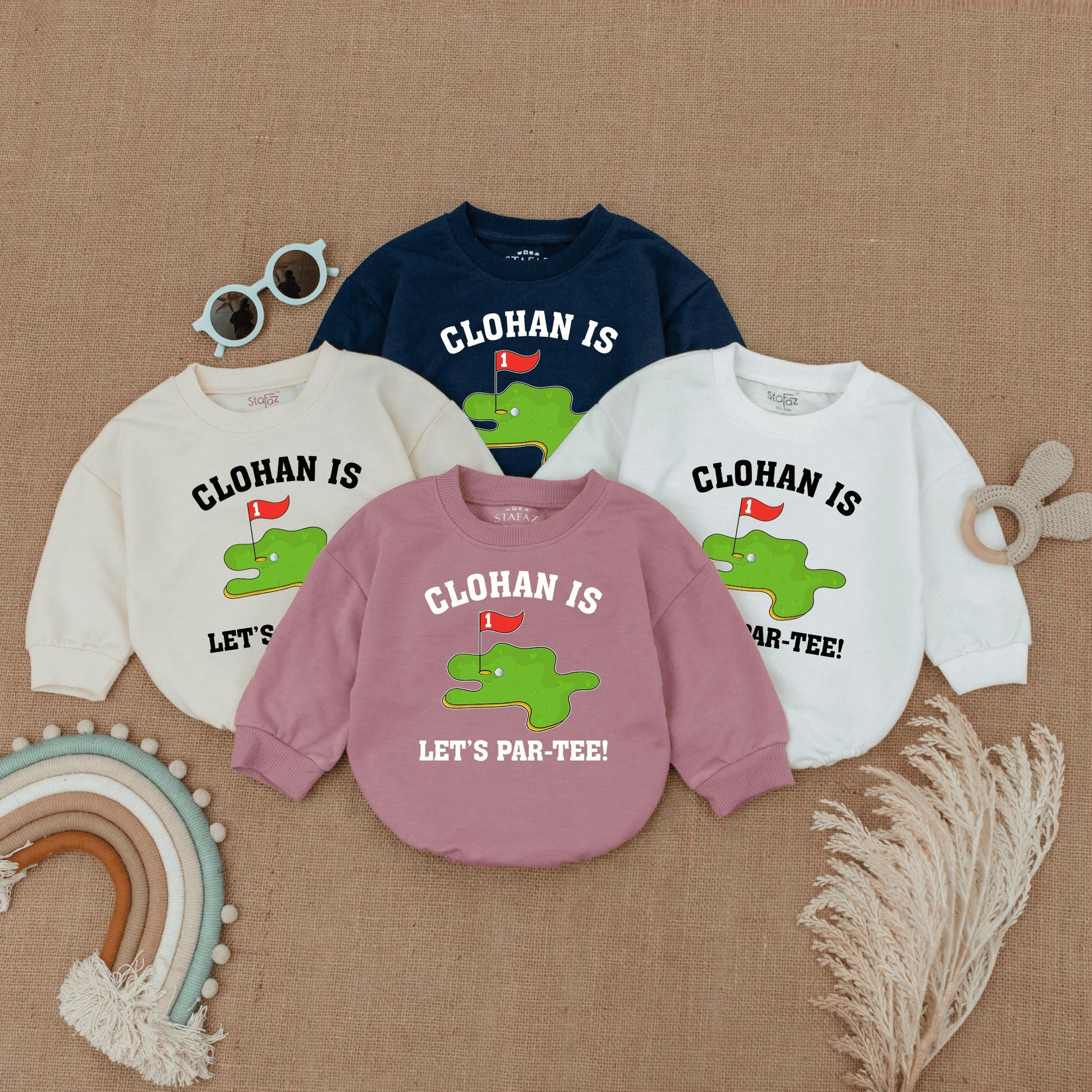 Custom Baby Golf "Let's Par-Tee!" First Birthday Romper Outfit, Playful Infant Bodysuit with Green Golf Course Flag Design