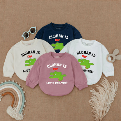 Custom Baby Golf "Let's Par-Tee!" First Birthday Romper Outfit, Playful Infant Bodysuit with Green Golf Course Flag Design
