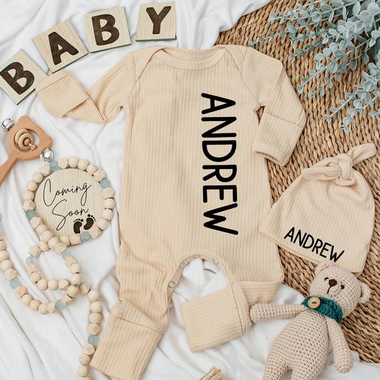 Personalized Name Baby Boy Bodysuit and Hat Set Newborn Coming Home Outfit Shower Gift with Modern Black Andrew Vertical Print