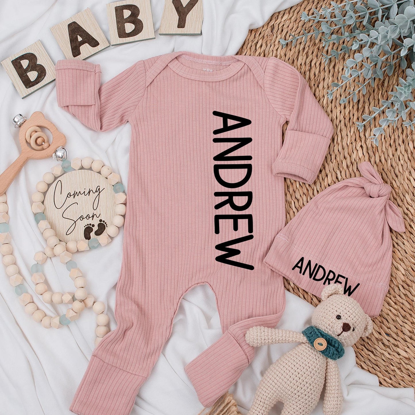 Personalized Name Baby Boy Bodysuit and Hat Set Newborn Coming Home Outfit Shower Gift with Modern Black Andrew Vertical Print