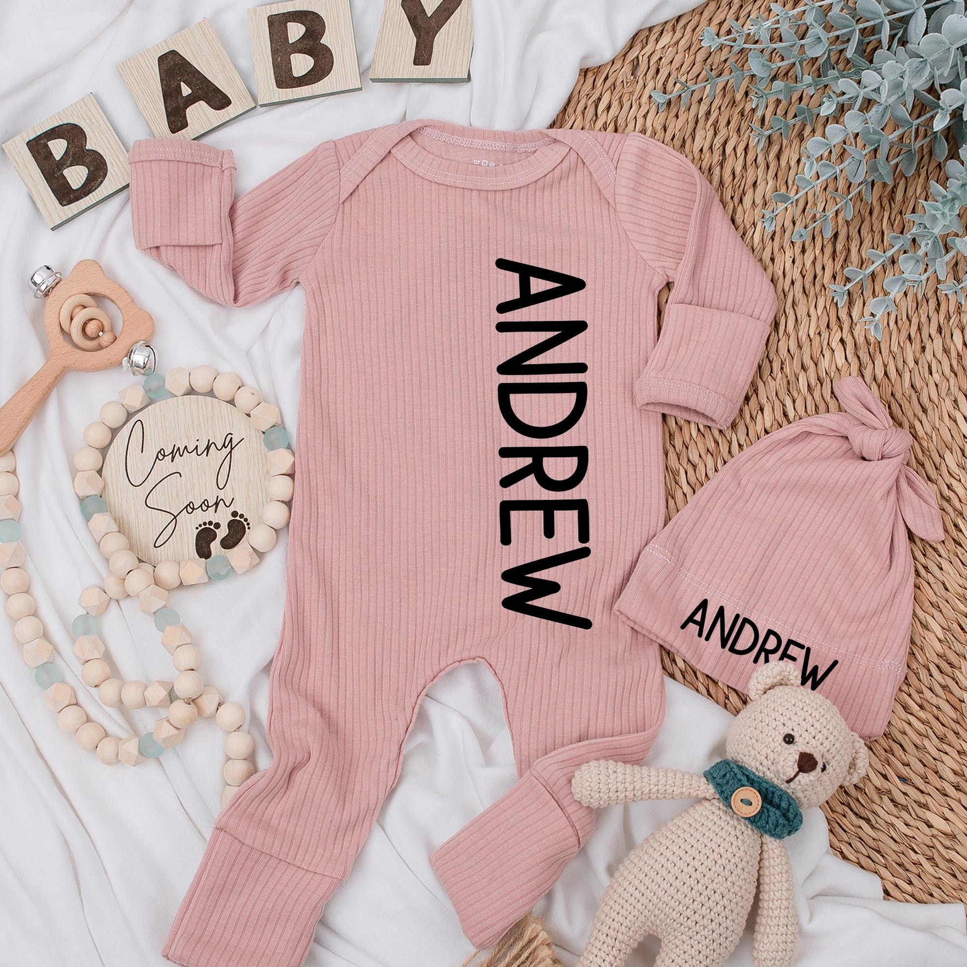 Personalized Name Baby Boy Bodysuit and Hat Set Newborn Coming Home Outfit Shower Gift with Modern Black Andrew Vertical Print