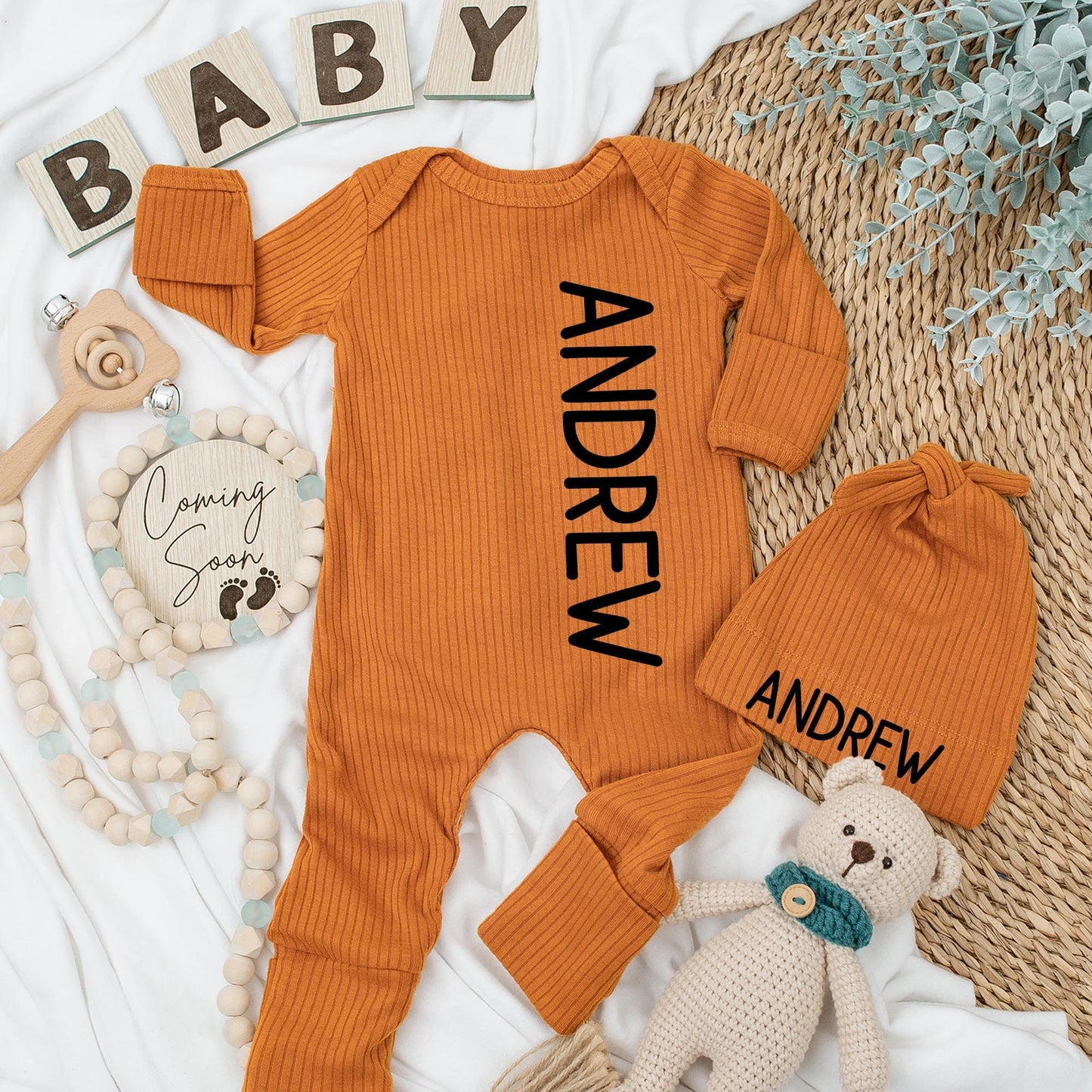 Personalized Name Baby Boy Bodysuit and Hat Set Newborn Coming Home Outfit Shower Gift with Modern Black Andrew Vertical Print
