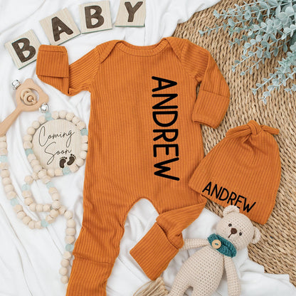 Personalized Name Baby Boy Bodysuit and Hat Set Newborn Coming Home Outfit Shower Gift with Modern Black Andrew Vertical Print