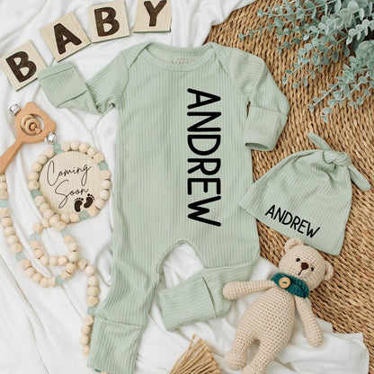 Personalized Name Baby Boy Bodysuit and Hat Set Newborn Coming Home Outfit Shower Gift with Modern Black Andrew Vertical Print