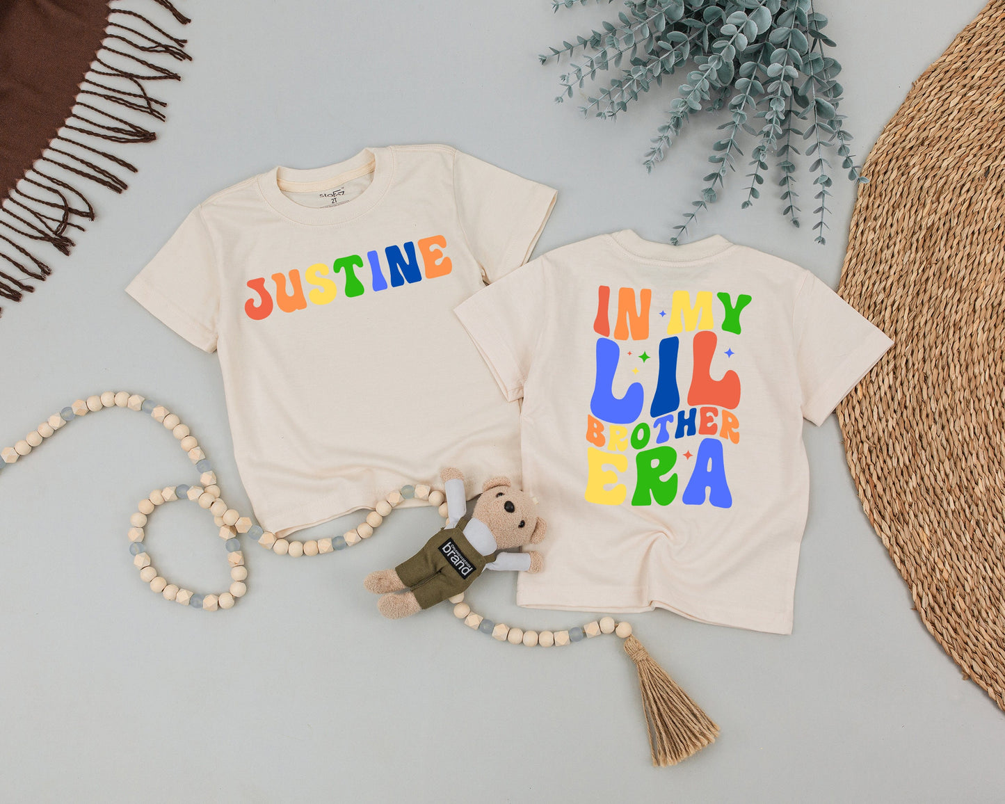 In My Little Brother Era Funny Personalized Name Toddler Shirt Rainbow Retro Baby Boy Tee Sparkle Design Pregnancy Announcement Gift