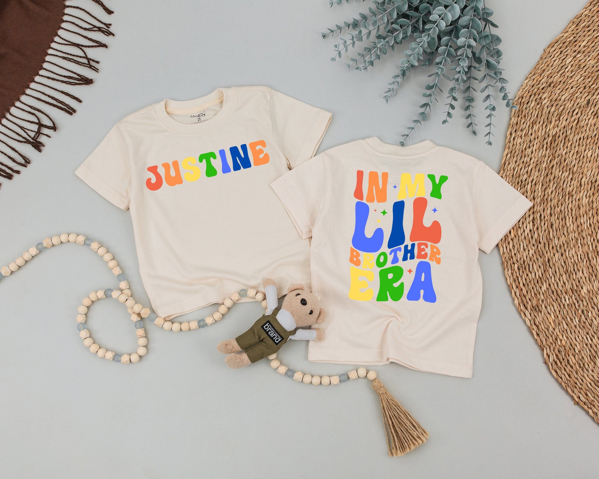 In My Little Brother Era Funny Personalized Name Toddler Shirt Rainbow Retro Baby Boy Tee Sparkle Design Pregnancy Announcement Gift
