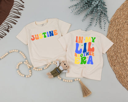 In My Little Brother Era Funny Personalized Name Toddler Shirt Rainbow Retro Baby Boy Tee Sparkle Design Pregnancy Announcement Gift
