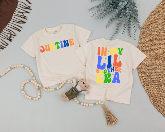 In My Little Brother Era Funny Personalized Name Toddler Shirt Rainbow Retro Baby Boy Tee Sparkle Design Pregnancy Announcement Gift
