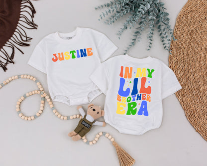 In My Little Brother Era Funny Personalized Name Toddler Shirt Rainbow Retro Baby Boy Tee Sparkle Design Pregnancy Announcement Gift