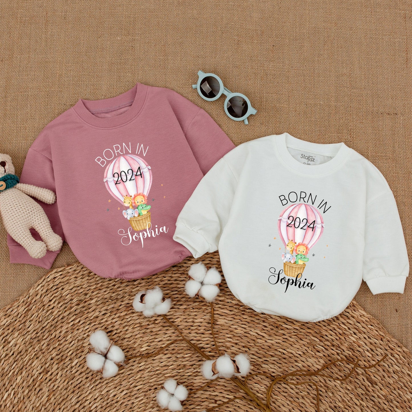Personalized Born in 2024 Safari Baby Romper Hot Air Balloon Bodysuit Newborn Girl Boy Gift Soft Cotton Striped Animal Keepsake Sleepsuit