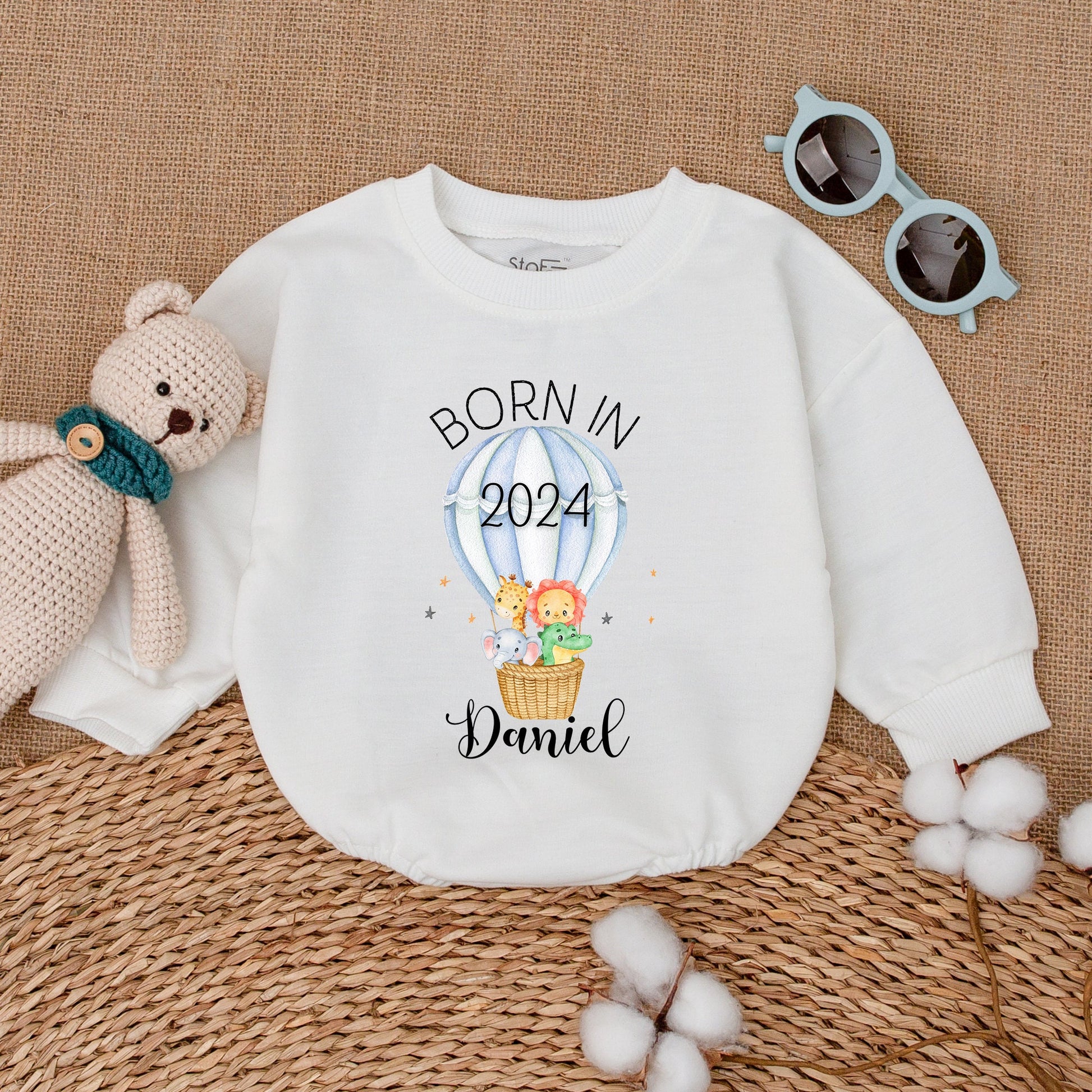 Personalized Born in 2024 Safari Baby Romper Hot Air Balloon Bodysuit Newborn Girl Boy Gift Soft Cotton Striped Animal Keepsake Sleepsuit