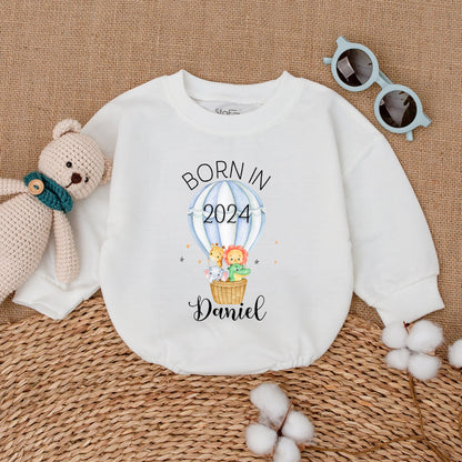 Personalized Born in 2024 Safari Baby Romper Hot Air Balloon Bodysuit Newborn Girl Boy Gift Soft Cotton Striped Animal Keepsake Sleepsuit