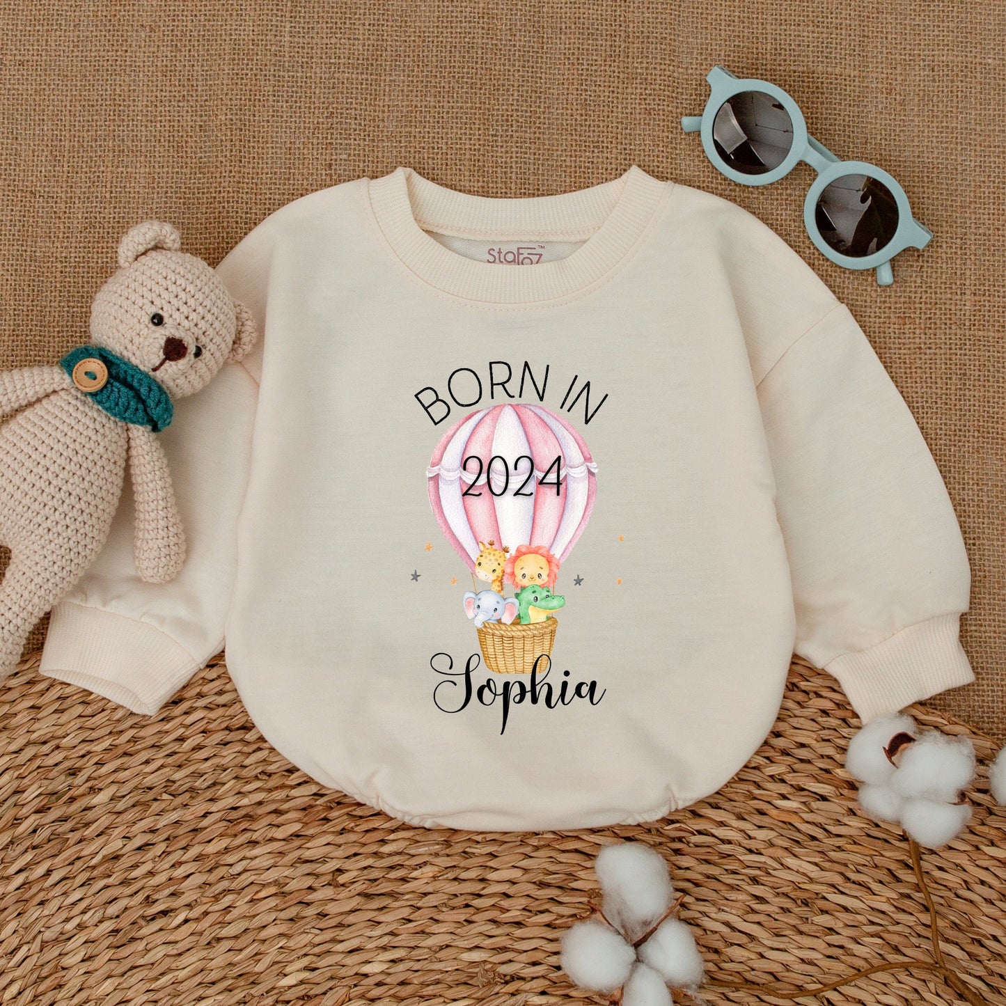 Personalized Born in 2024 Safari Baby Romper Hot Air Balloon Bodysuit Newborn Girl Boy Gift Soft Cotton Striped Animal Keepsake Sleepsuit
