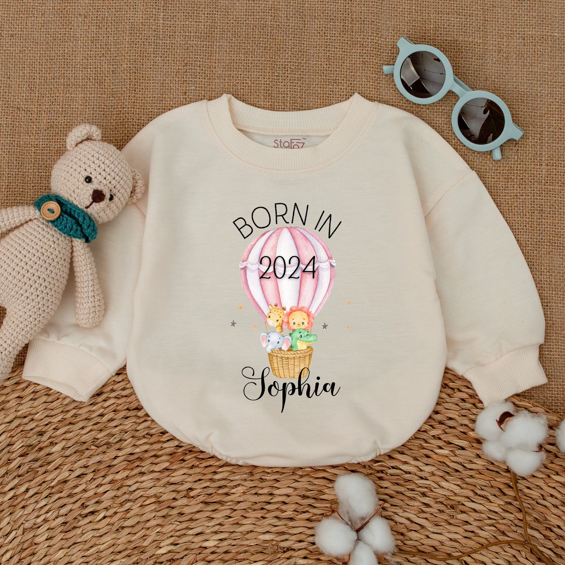 Personalized Born in 2024 Safari Baby Romper Hot Air Balloon Bodysuit Newborn Girl Boy Gift Soft Cotton Striped Animal Keepsake Sleepsuit