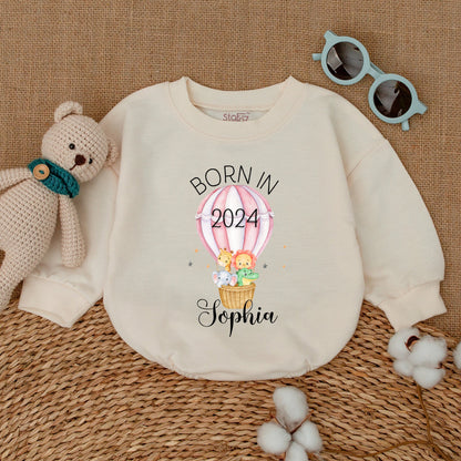Personalized Born in 2024 Safari Baby Romper Hot Air Balloon Bodysuit Newborn Girl Boy Gift Soft Cotton Striped Animal Keepsake Sleepsuit