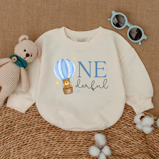 Cute Onederful Hot Air Balloon First Birthday Romper Outfit for Baby Boy Blue White Striped Bubble Bodysuit with Teddy Bear Stars Design