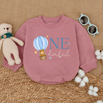 Cute Onederful Hot Air Balloon First Birthday Romper Outfit for Baby Boy Blue White Striped Bubble Bodysuit with Teddy Bear Stars Design