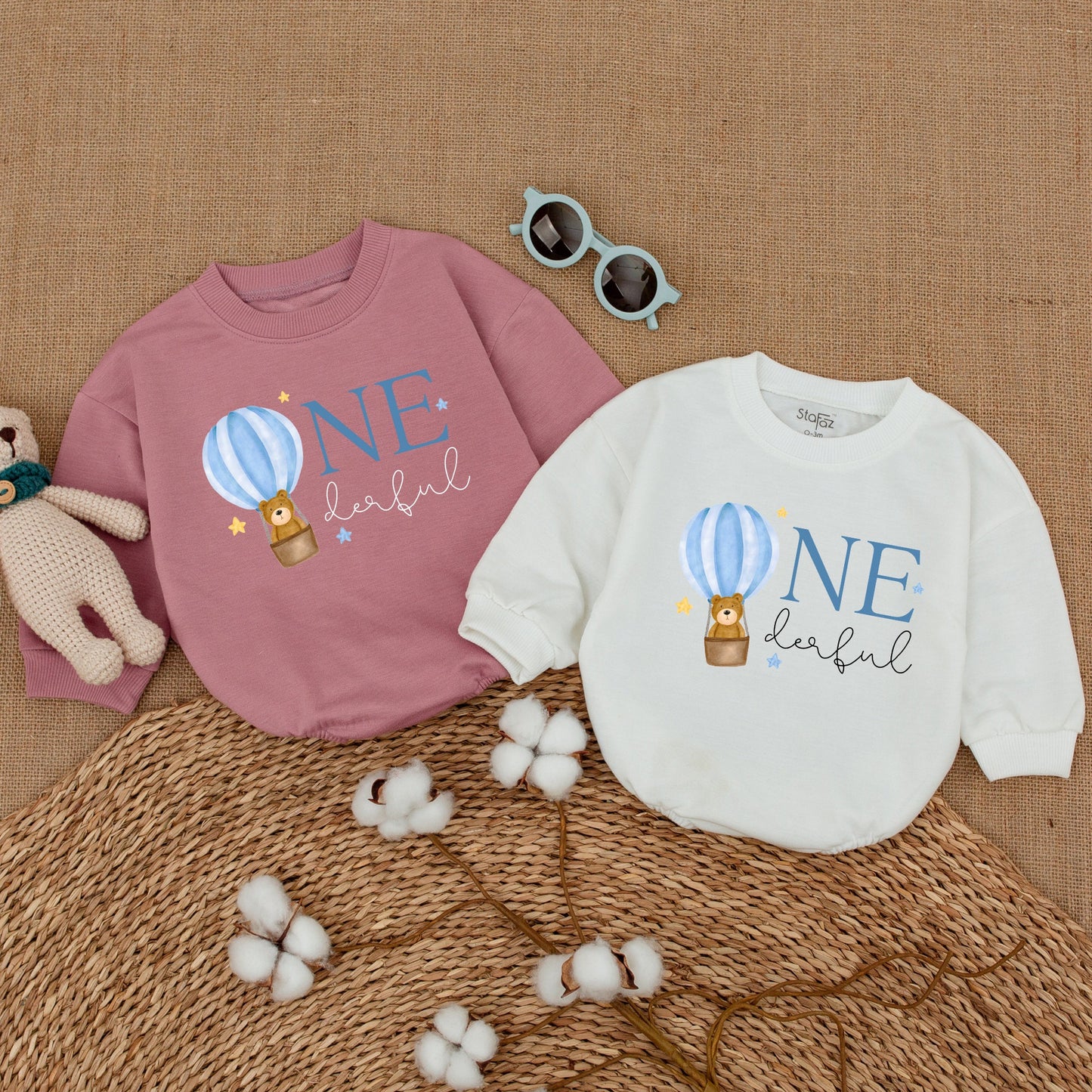 Cute Onederful Hot Air Balloon First Birthday Romper Outfit for Baby Boy Blue White Striped Bubble Bodysuit with Teddy Bear Stars Design
