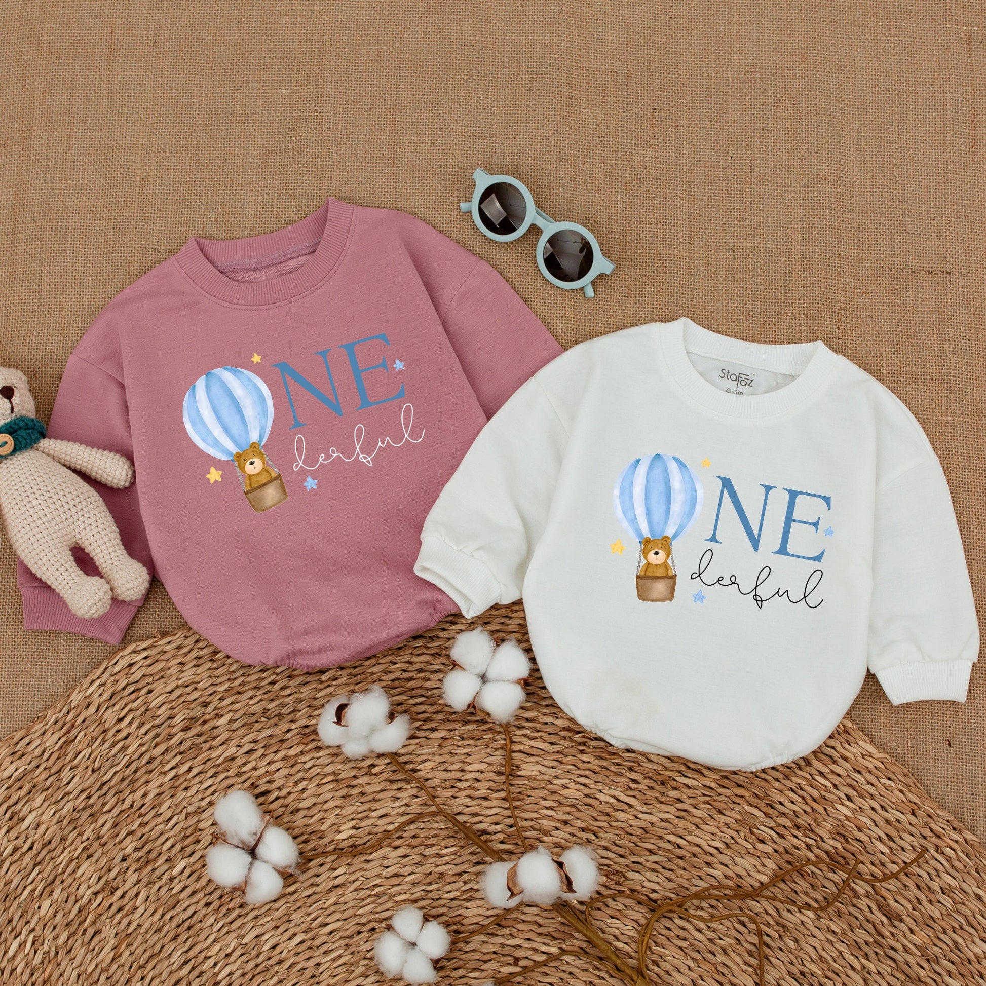 Cute Onederful Hot Air Balloon First Birthday Romper Outfit for Baby Boy Blue White Striped Bubble Bodysuit with Teddy Bear Stars Design