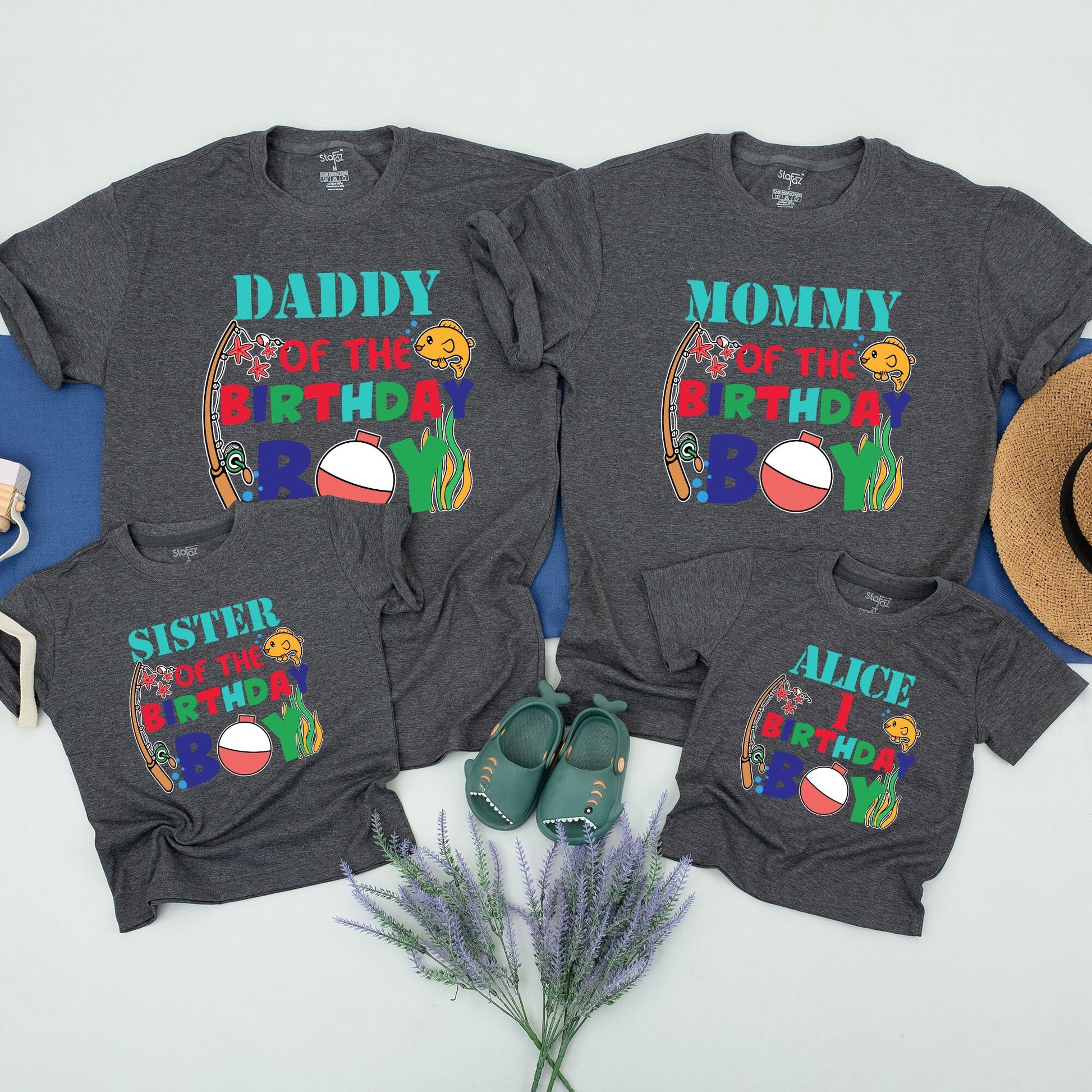 Personalized Matching Family Fishing Birthday Shirts for the Birthday Boy with Colorful Cartoon Fish, Rod, Bobber & Seaweed Design