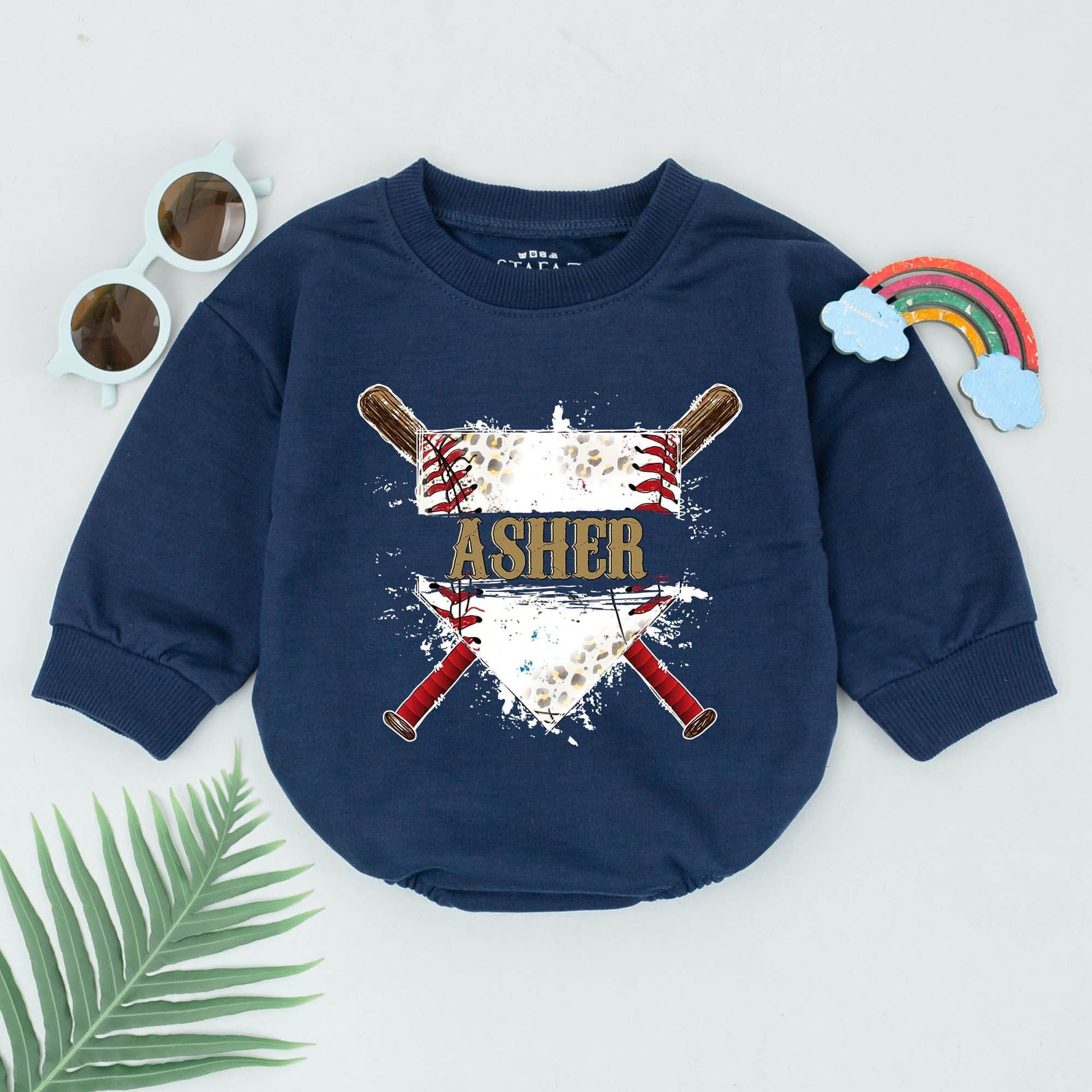 Personalized Gold Asher Baseball Bubble Romper Game Day Outfit with Crossed Bats Diamond & Black Splatter, a Retro Sporty Baby Boy Girl Design
