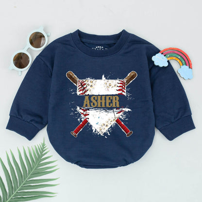 Personalized Gold Asher Baseball Bubble Romper Game Day Outfit with Crossed Bats Diamond & Black Splatter, a Retro Sporty Baby Boy Girl Design