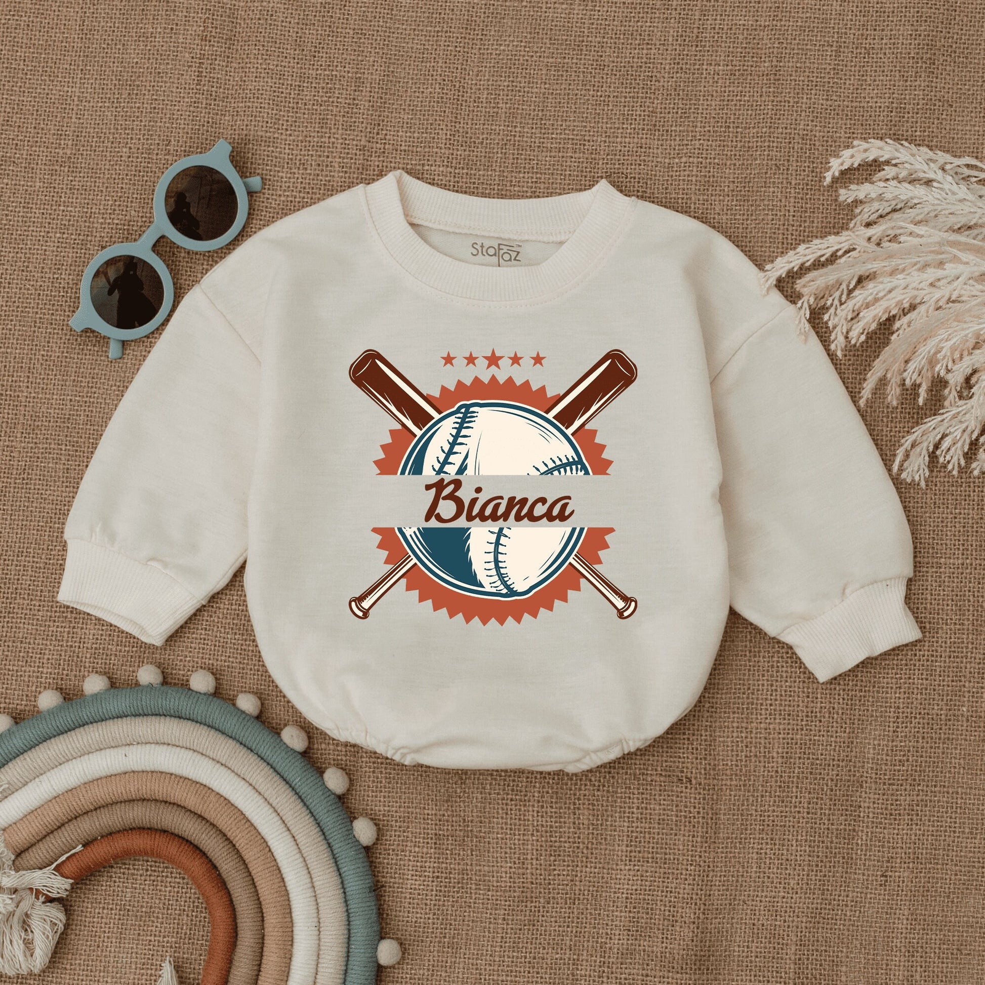 Personalized Vintage Baseball Romper for Baby Game Day Outfit with Sunburst Star Design and Name Infant Bodysuit Birthday Celebration Gift Clothes