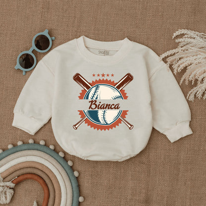 Personalized Vintage Baseball Romper for Baby Game Day Outfit with Sunburst Star Design and Name Infant Bodysuit Birthday Celebration Gift Clothes