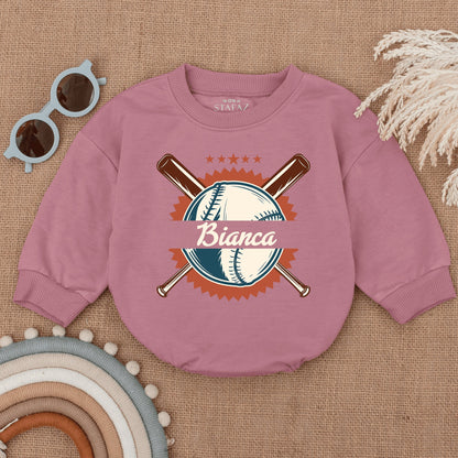 Personalized Vintage Baseball Romper for Baby Game Day Outfit with Sunburst Star Design and Name Infant Bodysuit Birthday Celebration Gift Clothes