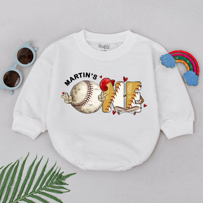 Personalized First Birthday Baseball Romper Rookie of the Year Baby Boy Outfit Gameday ONE Design Red Stitching Sweet Hearts