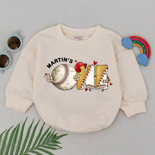 Personalized First Birthday Baseball Romper Rookie of the Year Baby Boy Outfit Gameday ONE Design Red Stitching Sweet Hearts