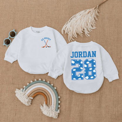 Personalized Baby Ice Hockey Bubble Romper with Name and Number 28, featuring Crossed Sticks and Puck Pattern, Future Player Newborn Gift for Little Fan