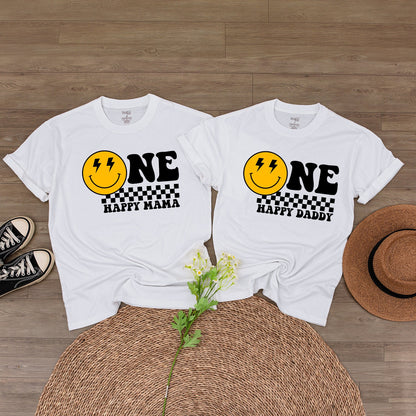 James/Lyla is ONE Happy Dude Birthday Bodysuit Yellow Smiley Face Lightning Eyes Checkerboard Retro Vintage Baby Clothes First Birthday Gift