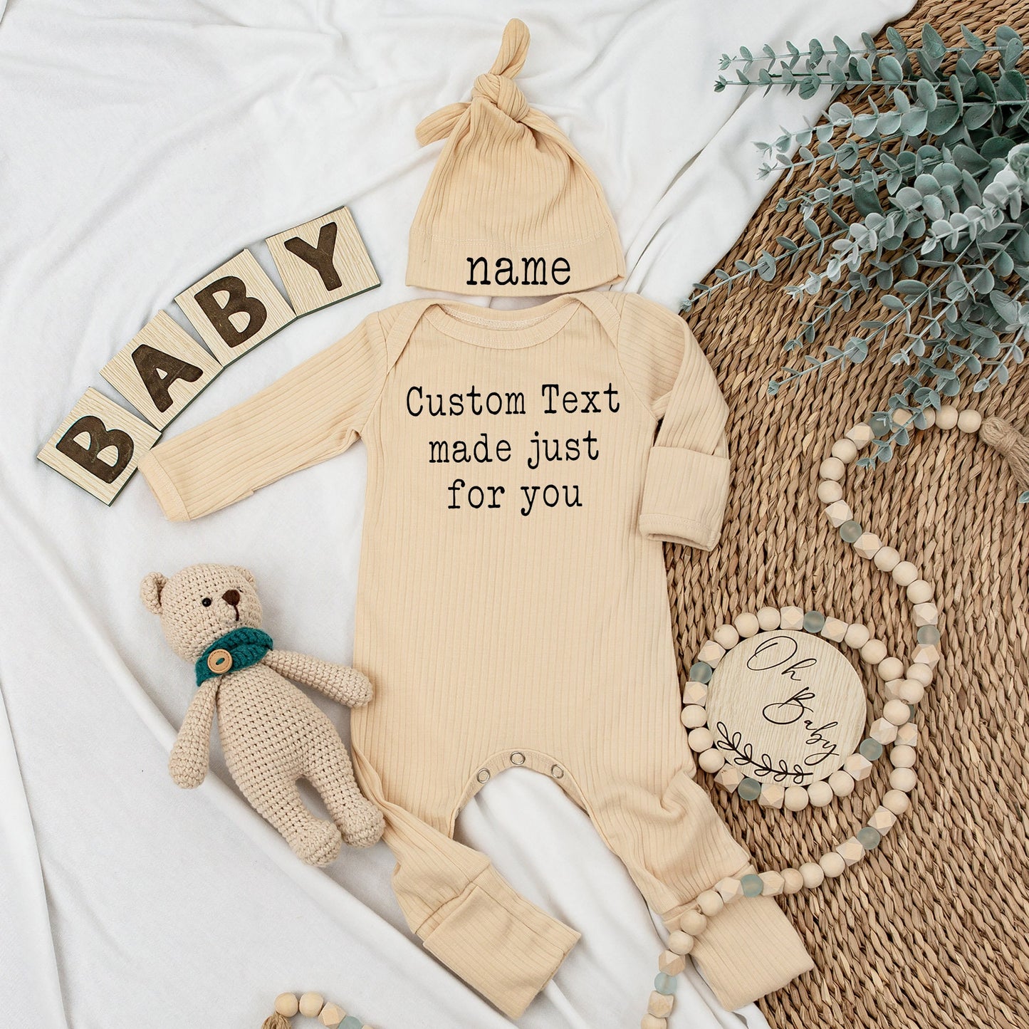 Custom Text Bodysuit and Hat Set Sweet Baby Name Outfit Natural Serif Font Modern Clean Newborn Girl Gift Baby Shower