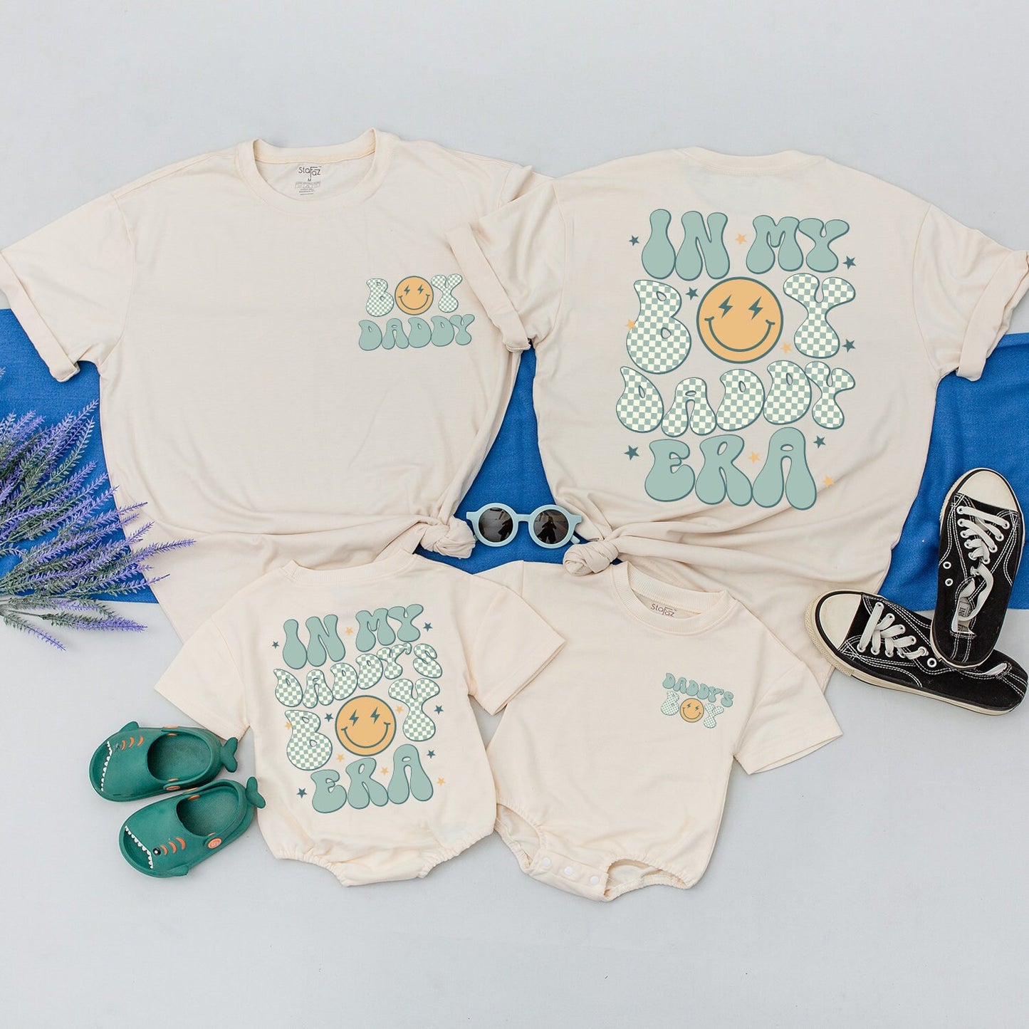 In My Boy Daddy Era & Daddy's Boy Matching Shirts Fun Retro Blue Green Orange Star Lightning Bolt Graphics First Father's Day Gift Outfits for Dad and Son