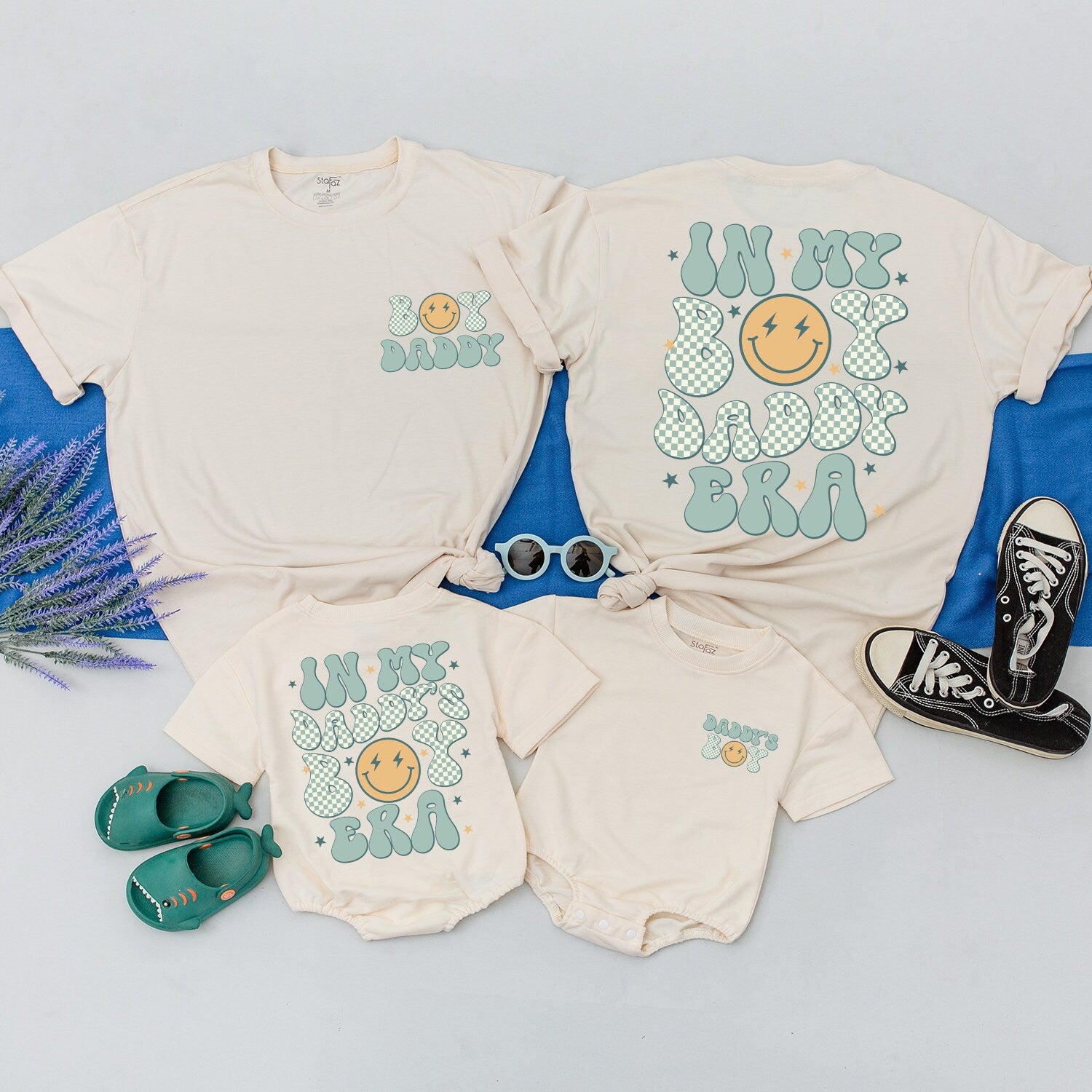 In My Boy Daddy Era & Daddy's Boy Matching Shirts Fun Retro Blue Green Orange Star Lightning Bolt Graphics First Father's Day Gift Outfits for Dad and Son