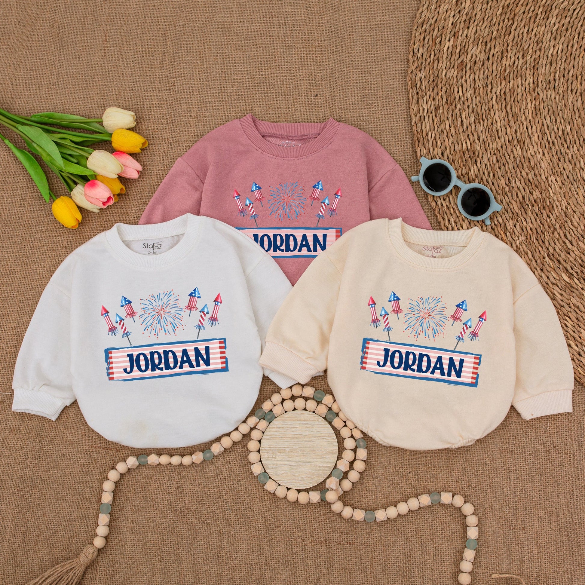 Custom American Firework Romper Personalized Name Patriotic Fourth of July Bodysuit Newborn Bubble Outfit