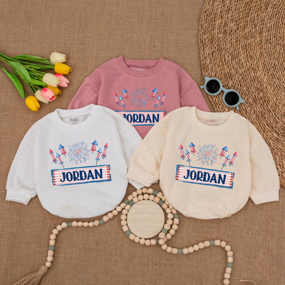Custom American Firework Romper Personalized Name Patriotic Fourth of July Bodysuit Newborn Bubble Outfit