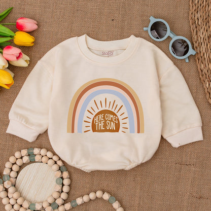 Baby Rainbow Sun Romper "Here Comes The Sun" Bubble Romper Minimalist Boho Summer Baby Clothes Gender Neutral Newborn Gift