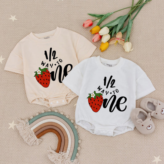 Strawberry Half Birthday Romper Baby Girl, 1/2 Way to One Outfit, Berry Sweet First Birthday Bodysuit, Cute Summer Celebration Clothing 12M