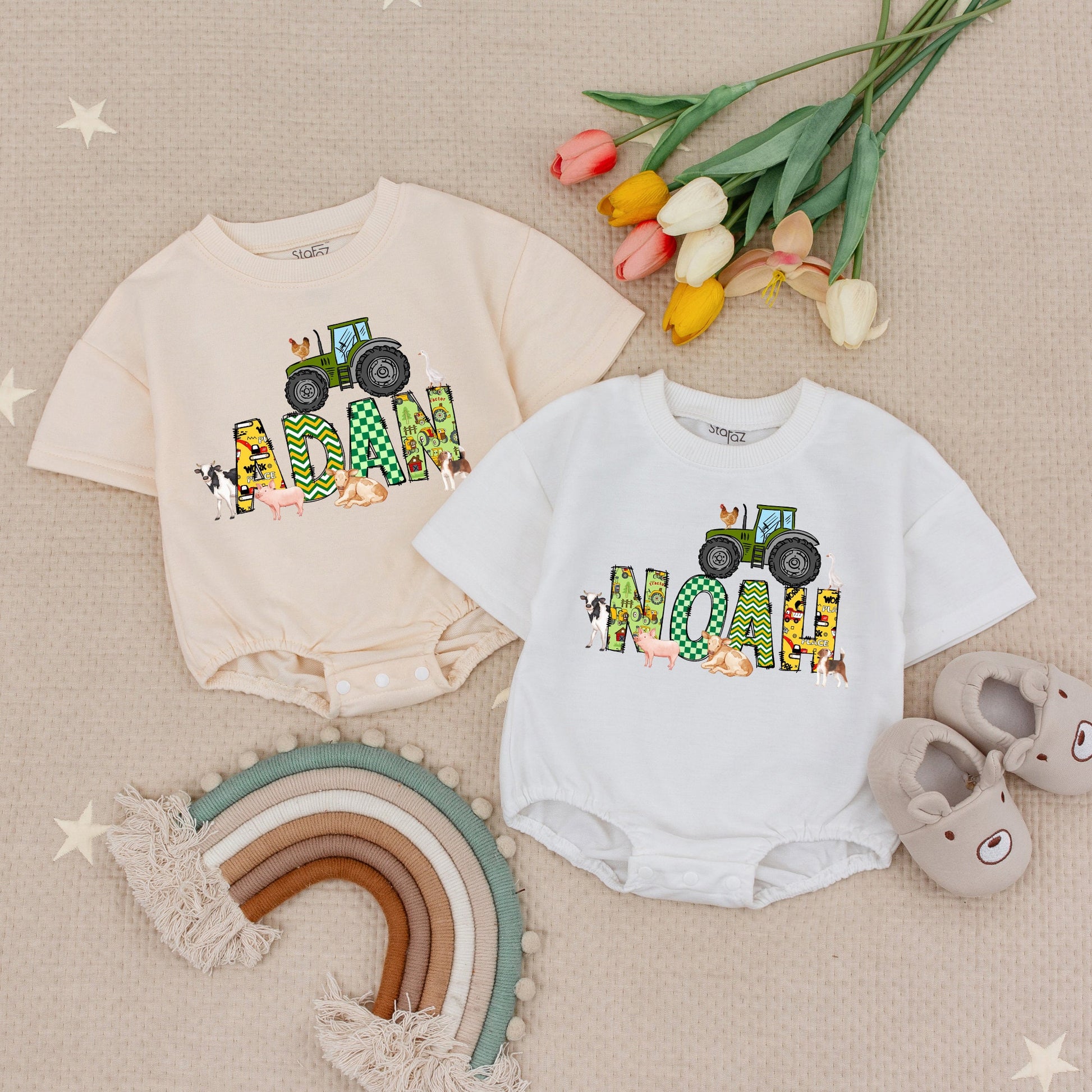 Personalized Tractor Name Baby Boy Birthday Bubble Romper Bodysuit