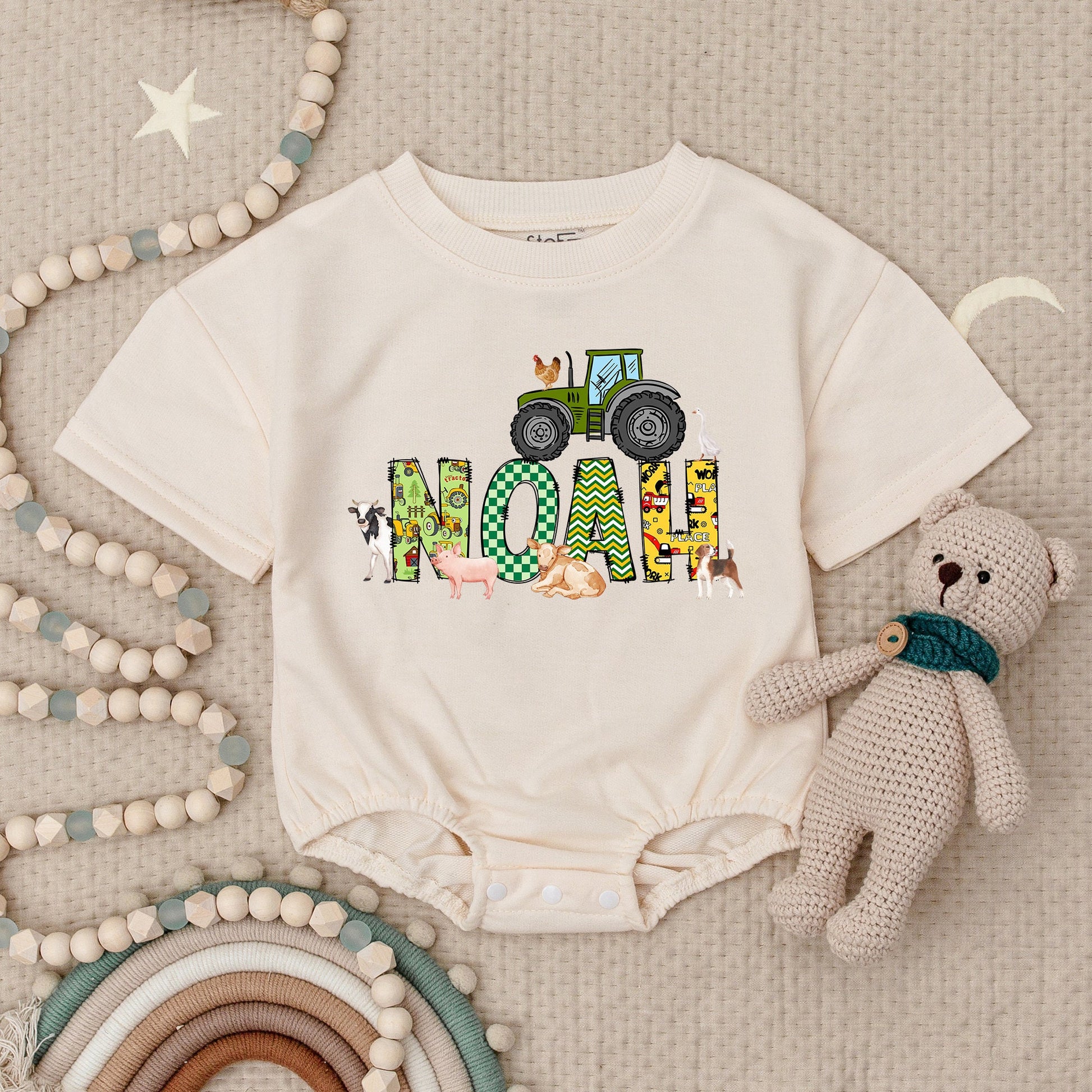 Personalized Tractor Name Baby Boy Birthday Bubble Romper Bodysuit