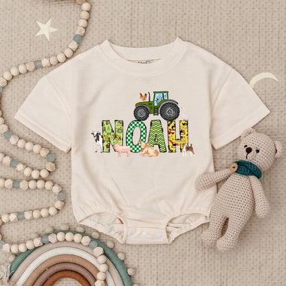 Personalized Tractor Name Baby Boy Birthday Bubble Romper Bodysuit