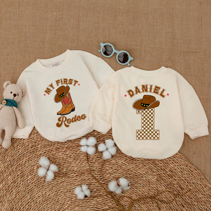 Personalized My First Rodeo Birthday Romper Western Baby Boy Bodysuit First 1st Year Cowboy Hat Plaid Sweatshirt Bubble Gift