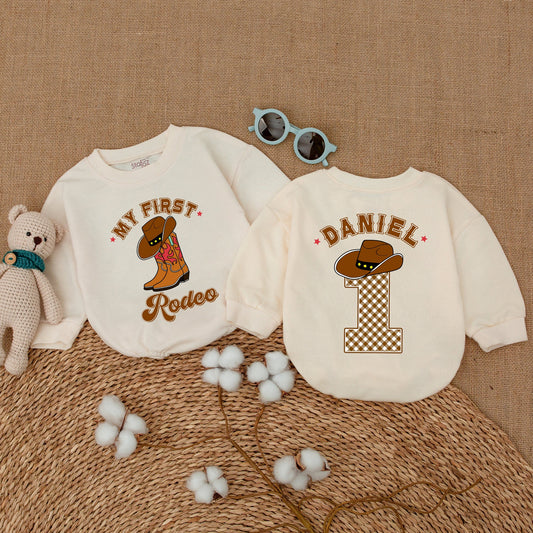 Personalized My First Rodeo Birthday Romper Western Baby Boy Bodysuit First 1st Year Cowboy Hat Plaid Sweatshirt Bubble Gift