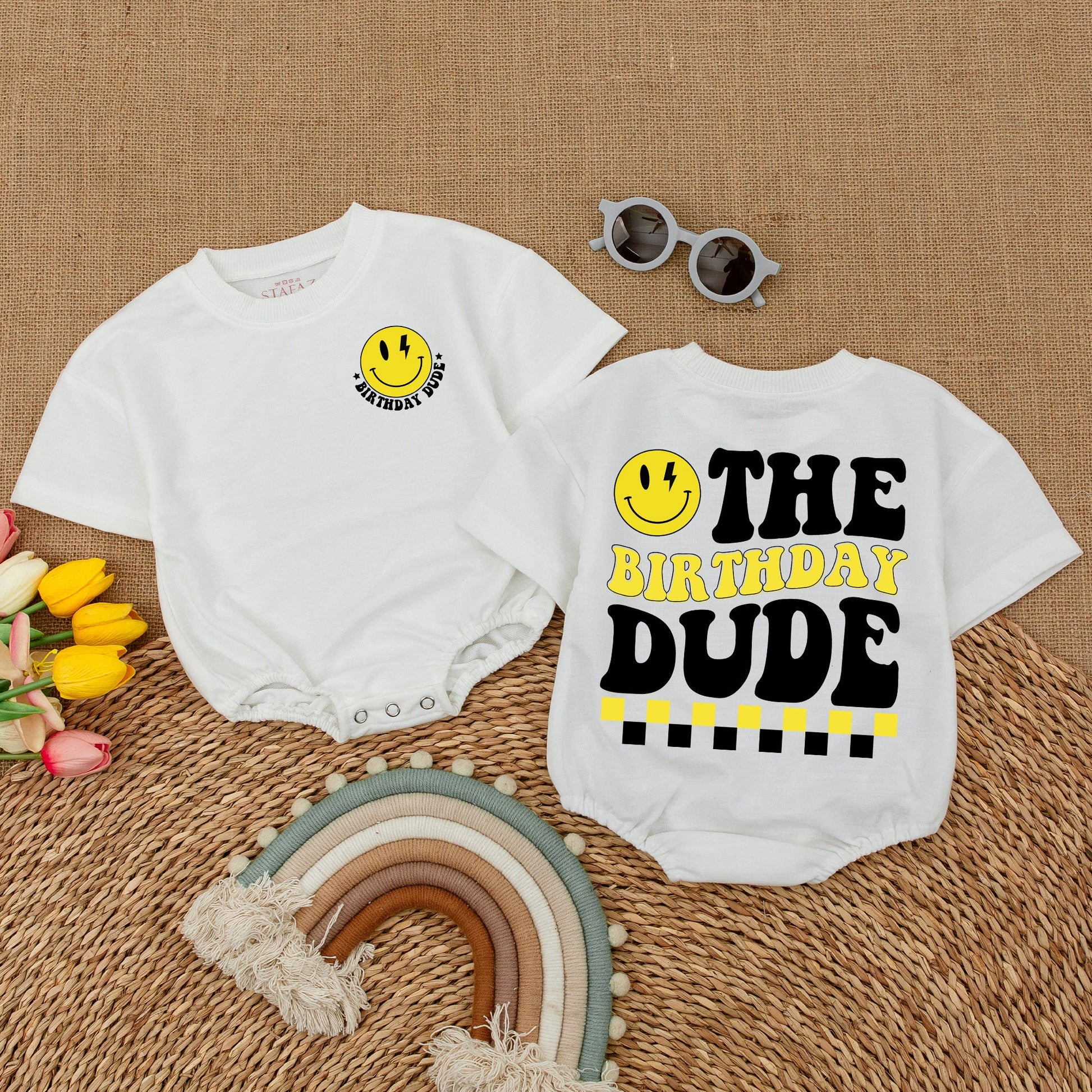 Birthday Dude Baby Romper: One Happy Boy, Smiley Face & Lightning Bolt Design, First Birthday Outfit, Cake Smash, Yellow & Black, Retro, Comfortable